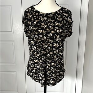 Ann Taylor LOFT Black and Gold Relaxed Fit Floral Short Sleeve Blouse Sz M
